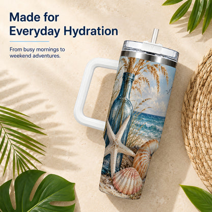 #pl[40oz|White] Beach Seashell 40oz Tumbler with Handle, Coastal Stainless Steel Cup