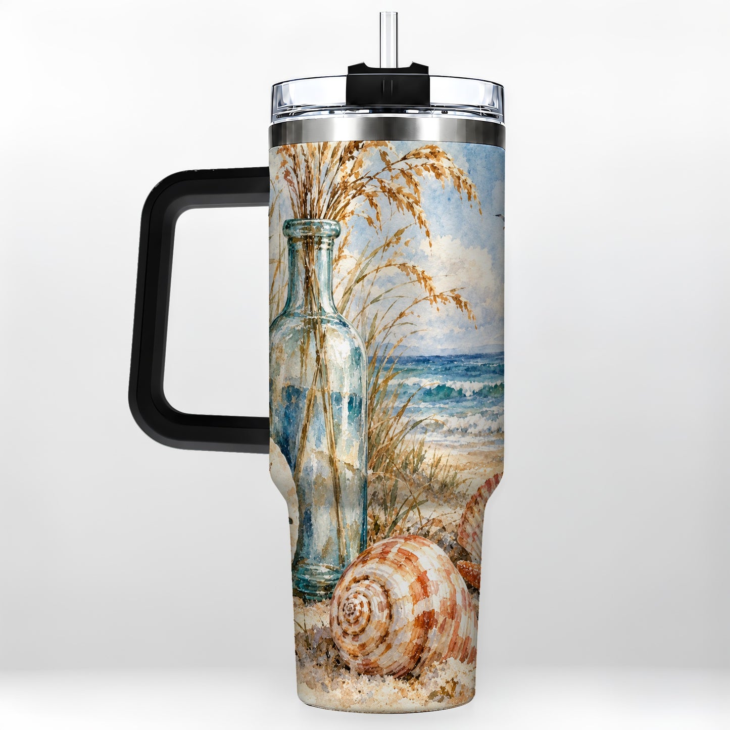 #pl[40oz|Black] Watercolor Seashell 40oz Tumbler with Handle, Coastal Stainless Steel Cup