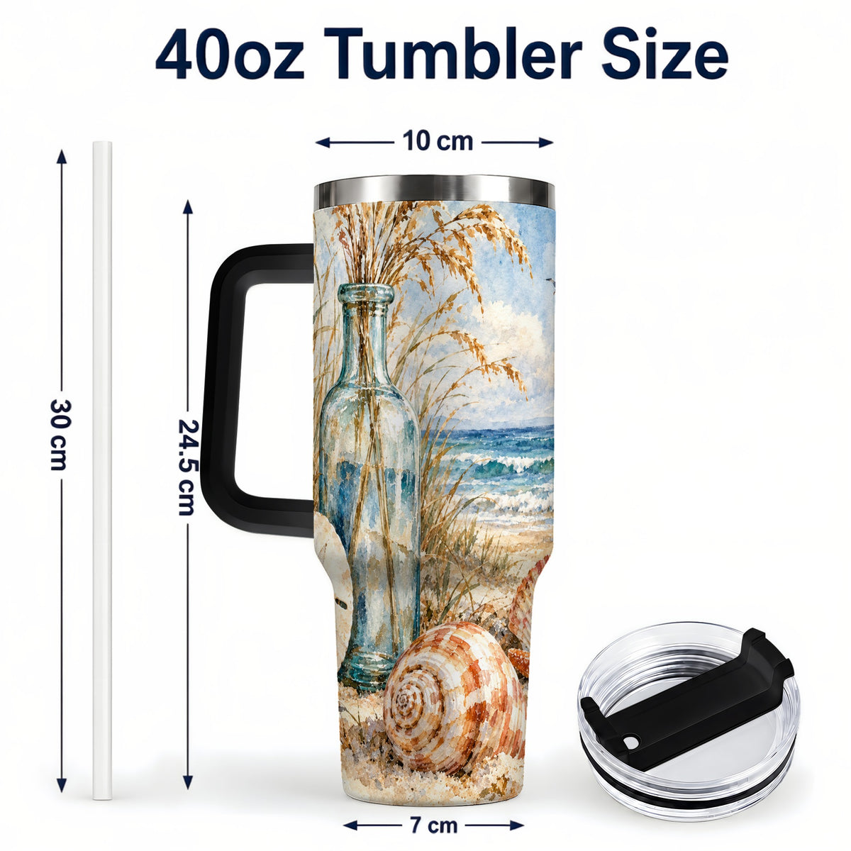 #pl[40oz|Black] Watercolor Seashell 40oz Tumbler with Handle, Coastal Stainless Steel Cup