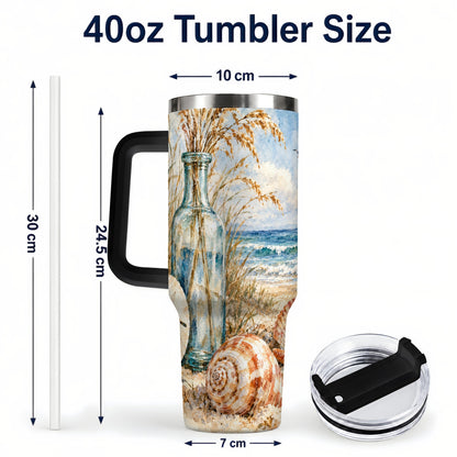 #pl[40oz|Black] Watercolor Seashell 40oz Tumbler with Handle, Coastal Stainless Steel Cup