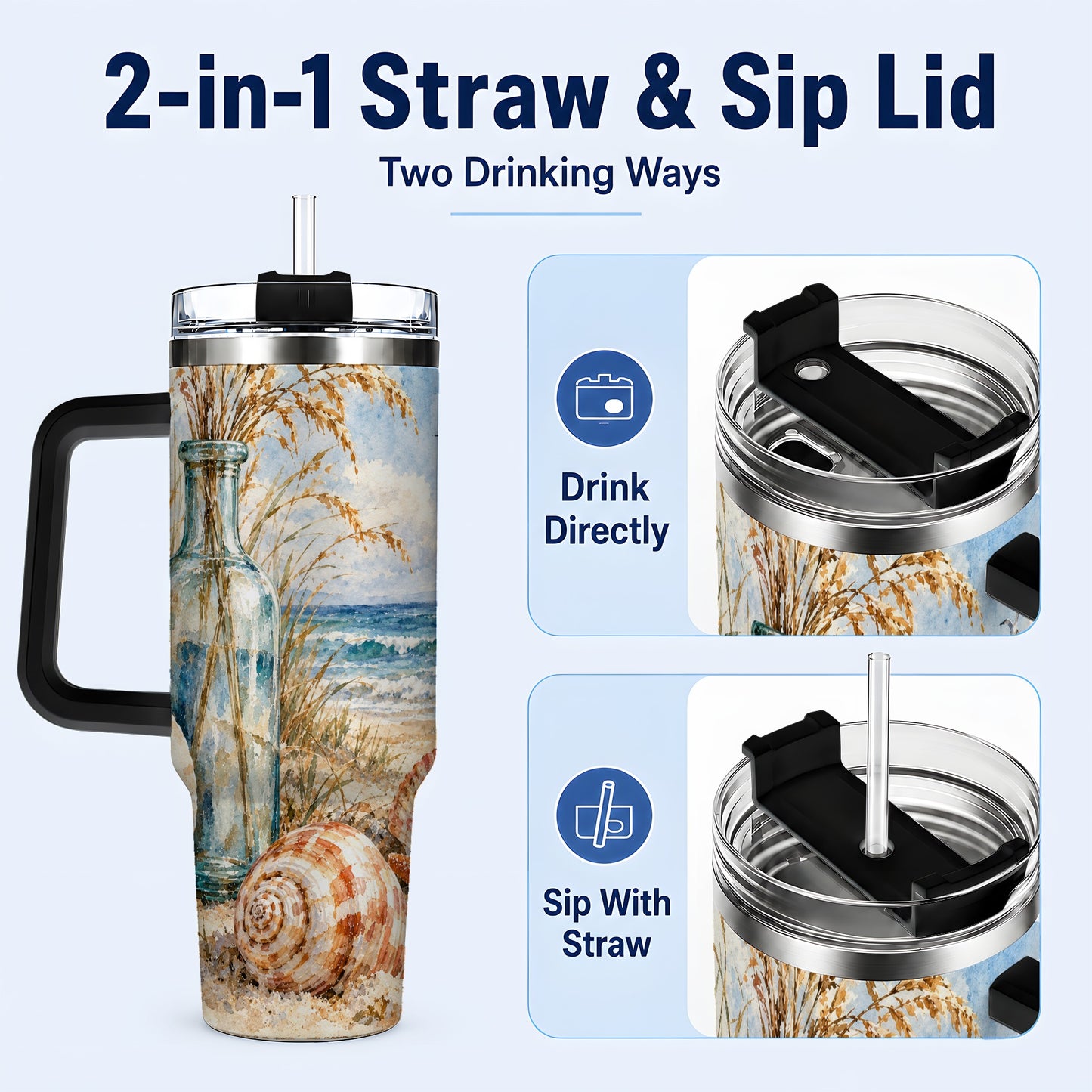 #pl[40oz|Black] Watercolor Seashell 40oz Tumbler with Handle, Coastal Stainless Steel Cup