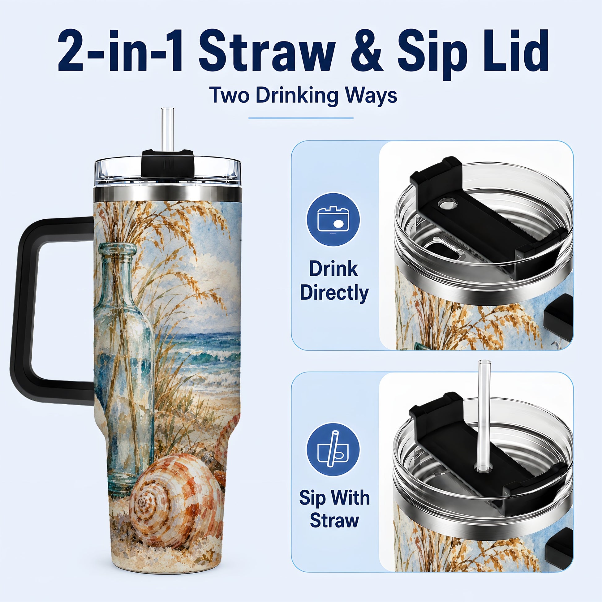 #pl[40oz|Black] Watercolor Seashell 40oz Tumbler with Handle, Coastal Stainless Steel Cup
