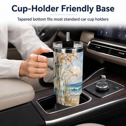 #pl[40oz|Black] Watercolor Seashell 40oz Tumbler with Handle, Coastal Stainless Steel Cup