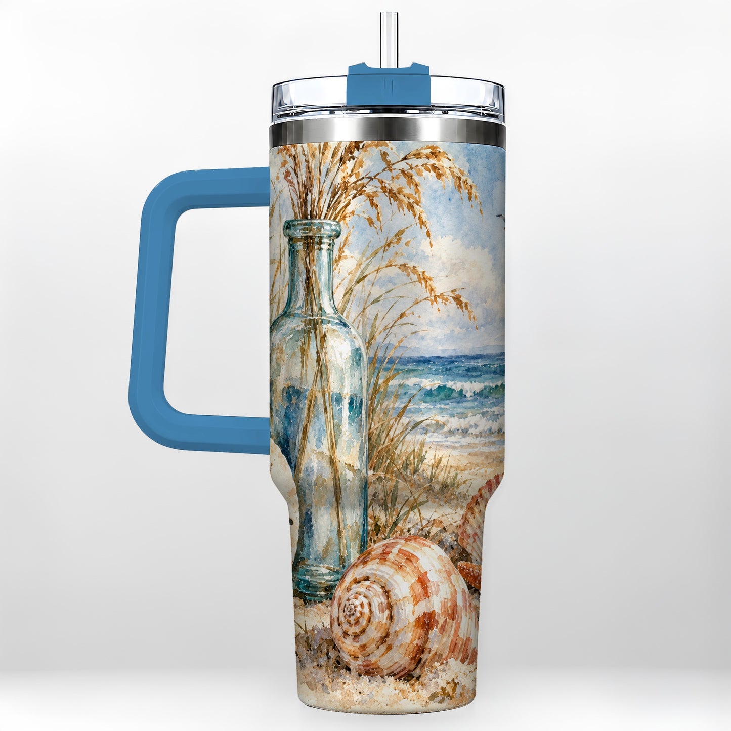 #pl[40oz|Blue] Watercolor Seashell 40oz Tumbler with Handle, Coastal Stainless Steel Cup