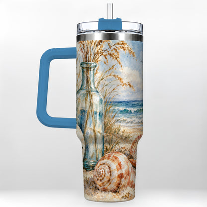 #pl[40oz|Blue] Watercolor Seashell 40oz Tumbler with Handle, Coastal Stainless Steel Cup