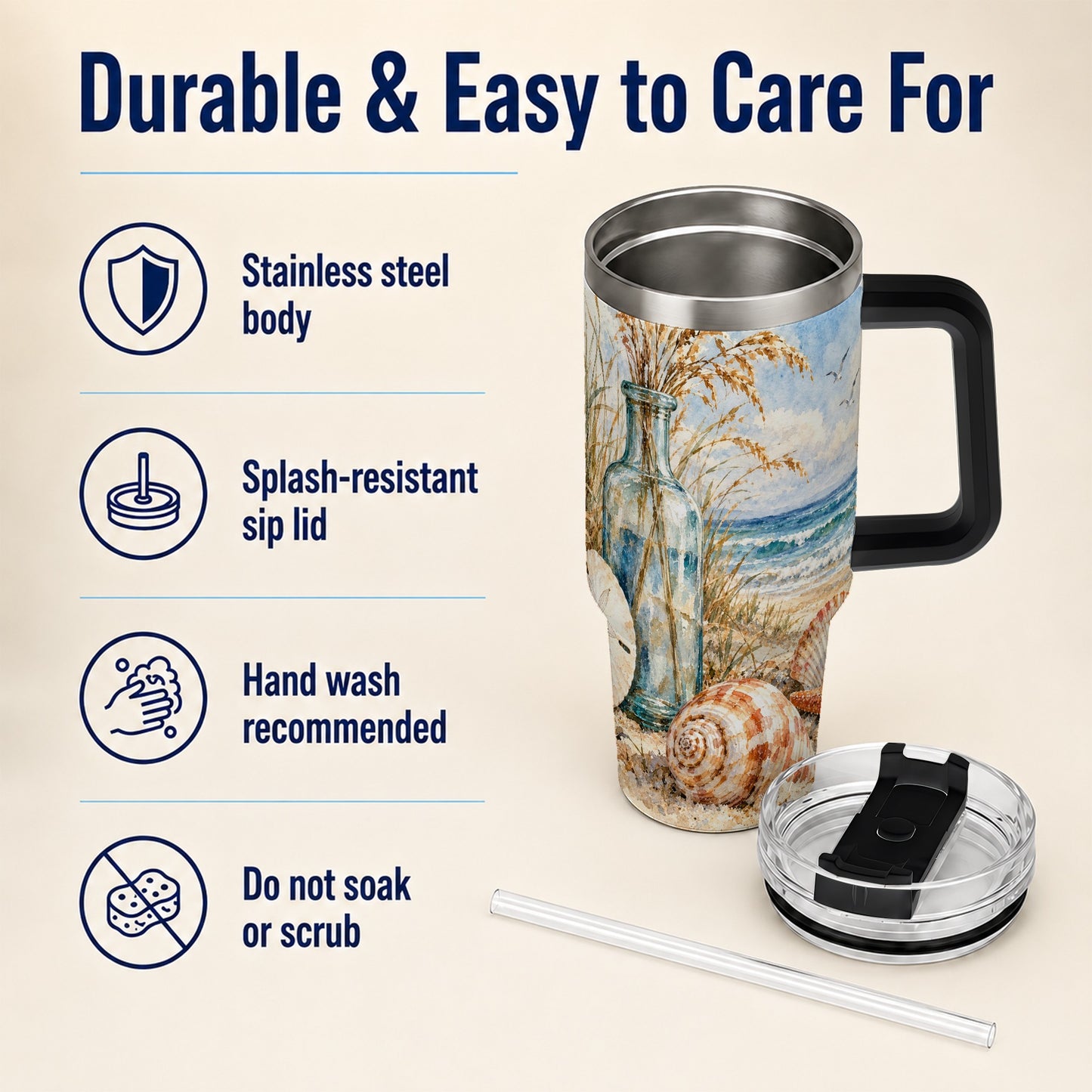 #pl[40oz|Black] Watercolor Seashell 40oz Tumbler with Handle, Coastal Stainless Steel Cup