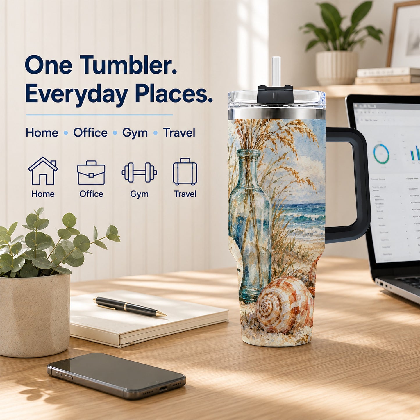 #pl[40oz|Black] Watercolor Seashell 40oz Tumbler with Handle, Coastal Stainless Steel Cup
