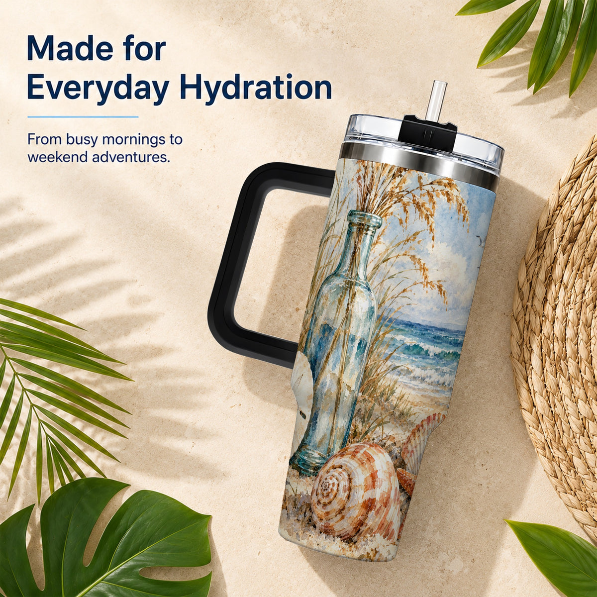 #pl[40oz|Black] Watercolor Seashell 40oz Tumbler with Handle, Coastal Stainless Steel Cup