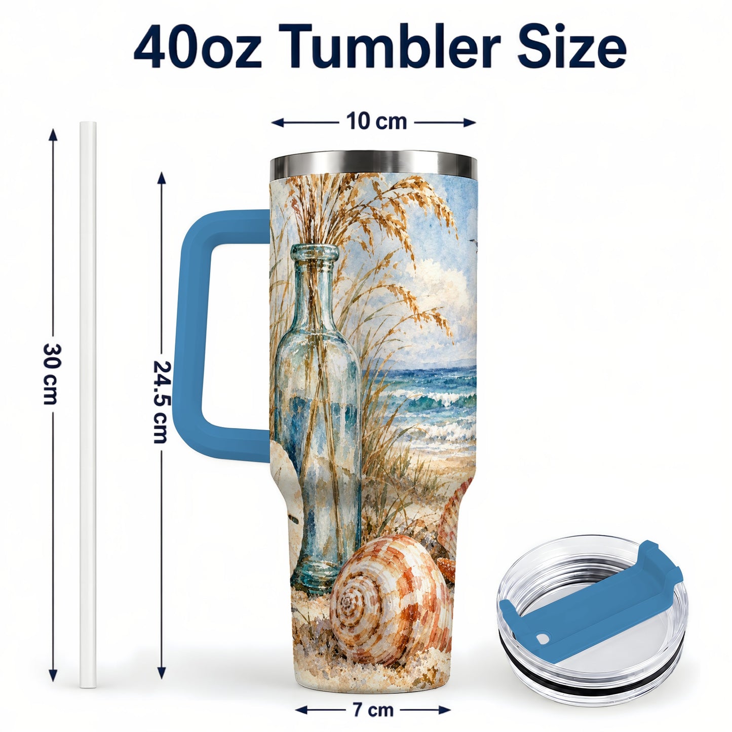 #pl[40oz|Blue] Watercolor Seashell 40oz Tumbler with Handle, Coastal Stainless Steel Cup