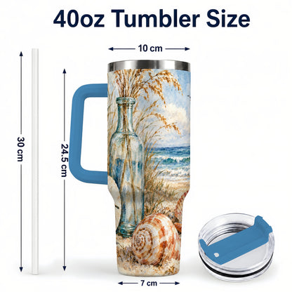 #pl[40oz|Blue] Watercolor Seashell 40oz Tumbler with Handle, Coastal Stainless Steel Cup
