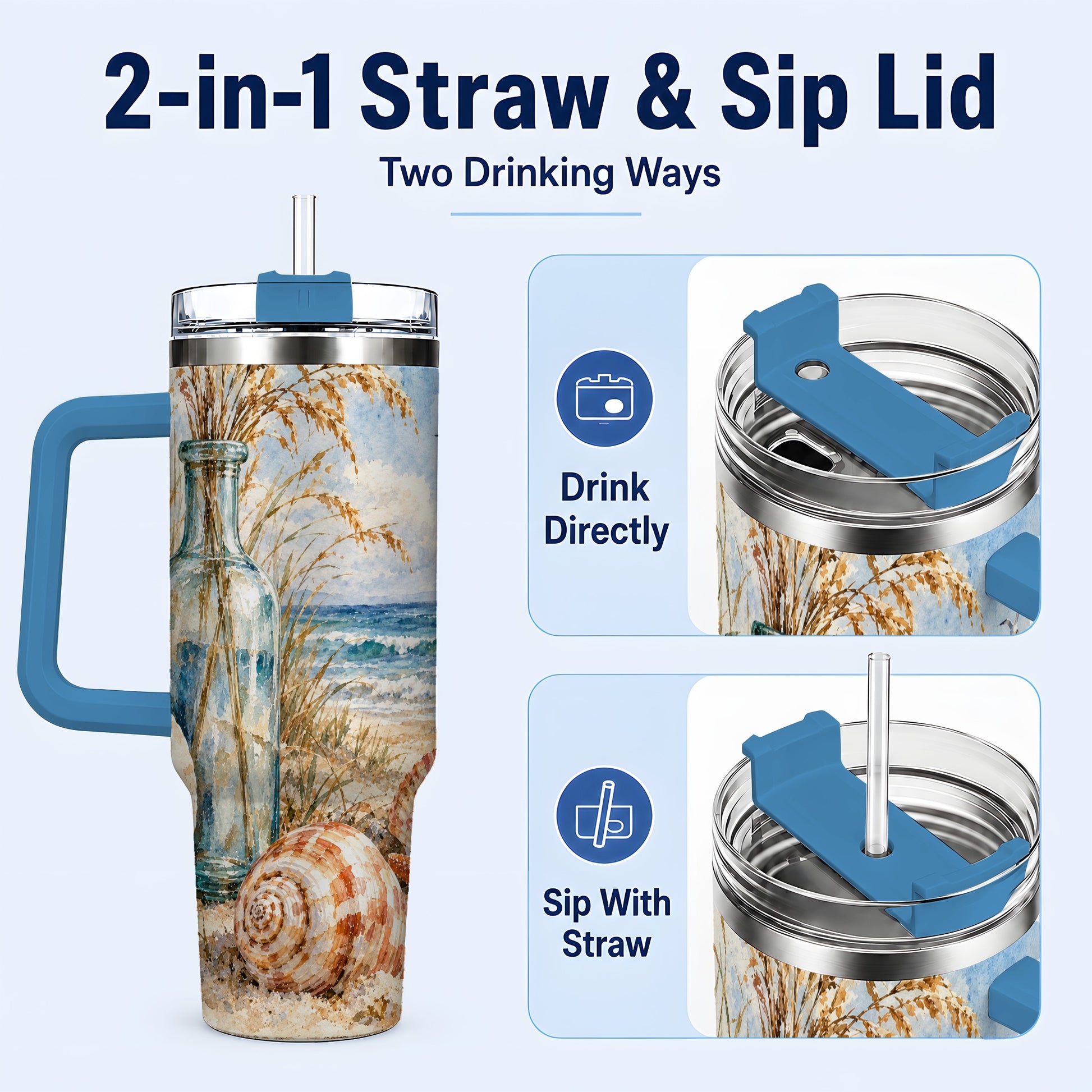 #pl[40oz|Blue] Watercolor Seashell 40oz Tumbler with Handle, Coastal Stainless Steel Cup
