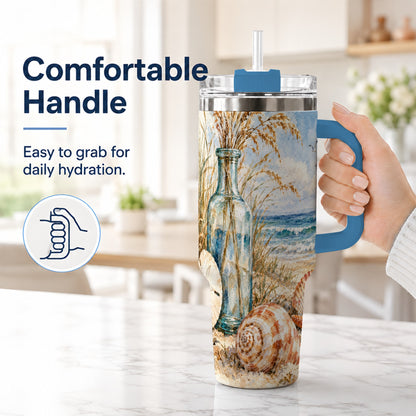 #pl[40oz|Blue] Watercolor Seashell 40oz Tumbler with Handle, Coastal Stainless Steel Cup