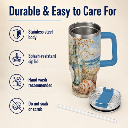 #pl[40oz|Blue] Watercolor Seashell 40oz Tumbler with Handle, Coastal Stainless Steel Cup