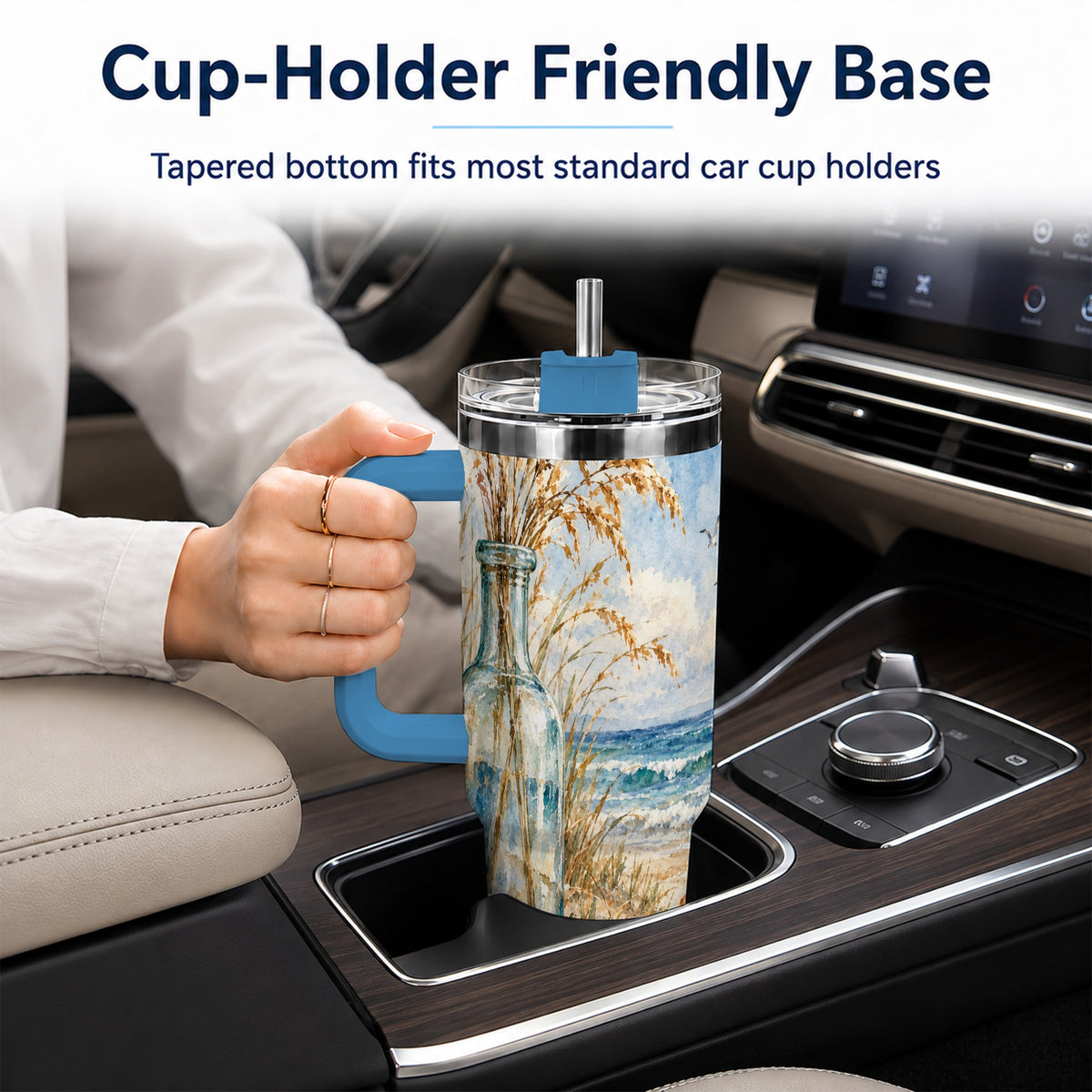 #pl[40oz|Blue] Watercolor Seashell 40oz Tumbler with Handle, Coastal Stainless Steel Cup