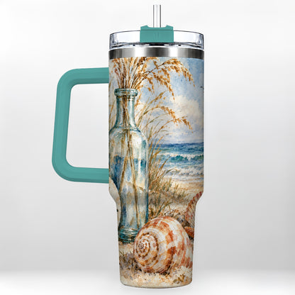 #pl[40oz|Green] Watercolor Seashell 40oz Tumbler with Handle, Coastal Stainless Steel Cup