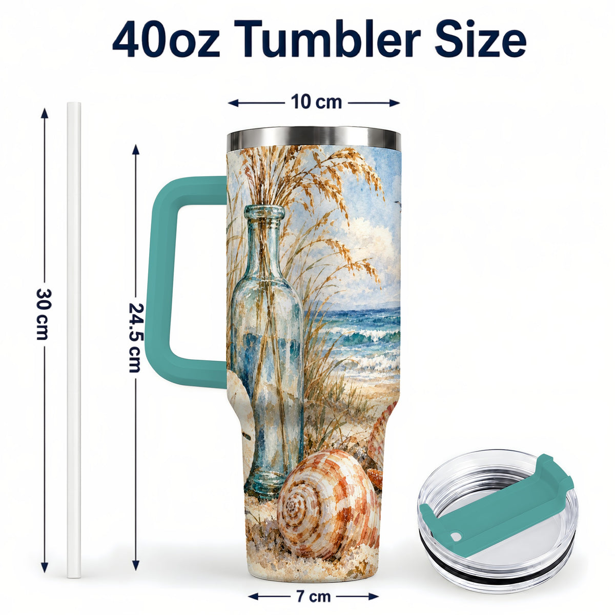 #pl[40oz|Green] Watercolor Seashell 40oz Tumbler with Handle, Coastal Stainless Steel Cup