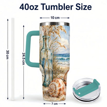 #pl[40oz|Green] Watercolor Seashell 40oz Tumbler with Handle, Coastal Stainless Steel Cup