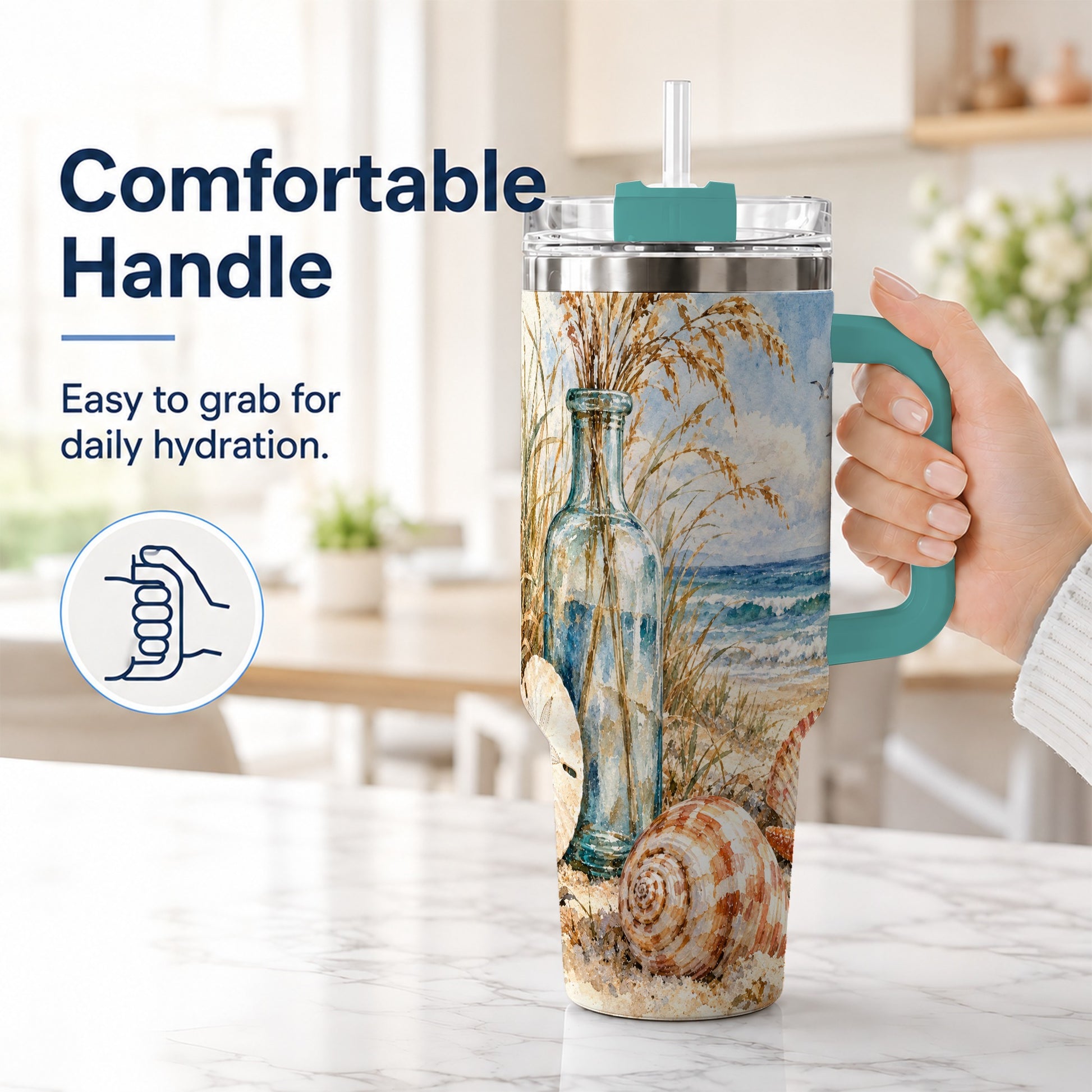 #pl[40oz|Green] Watercolor Seashell 40oz Tumbler with Handle, Coastal Stainless Steel Cup