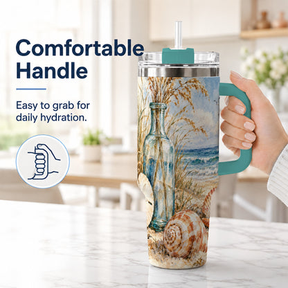 #pl[40oz|Green] Watercolor Seashell 40oz Tumbler with Handle, Coastal Stainless Steel Cup