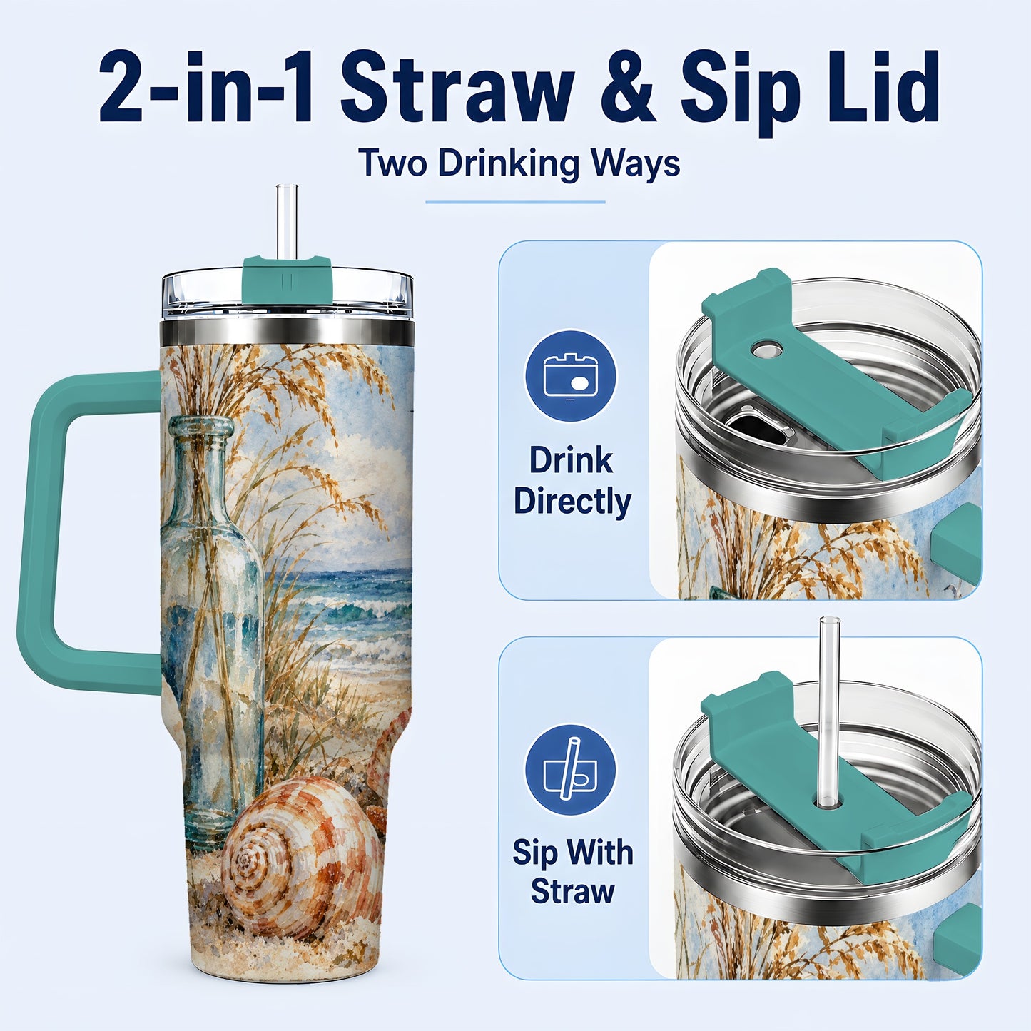 #pl[40oz|Green] Watercolor Seashell 40oz Tumbler with Handle, Coastal Stainless Steel Cup