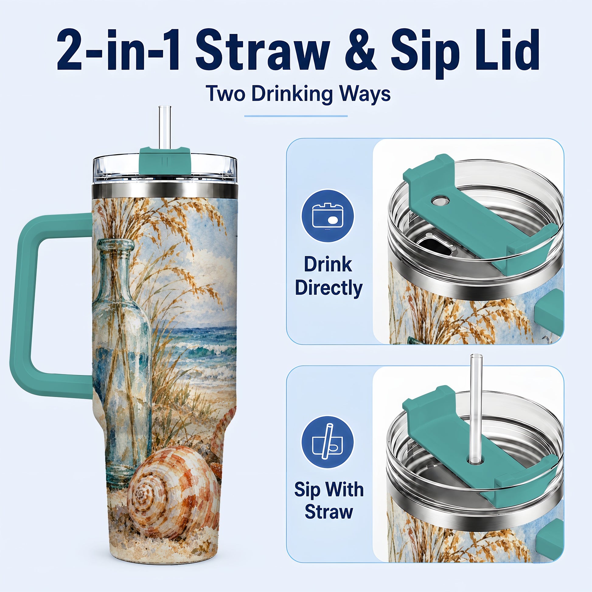 #pl[40oz|Green] Watercolor Seashell 40oz Tumbler with Handle, Coastal Stainless Steel Cup