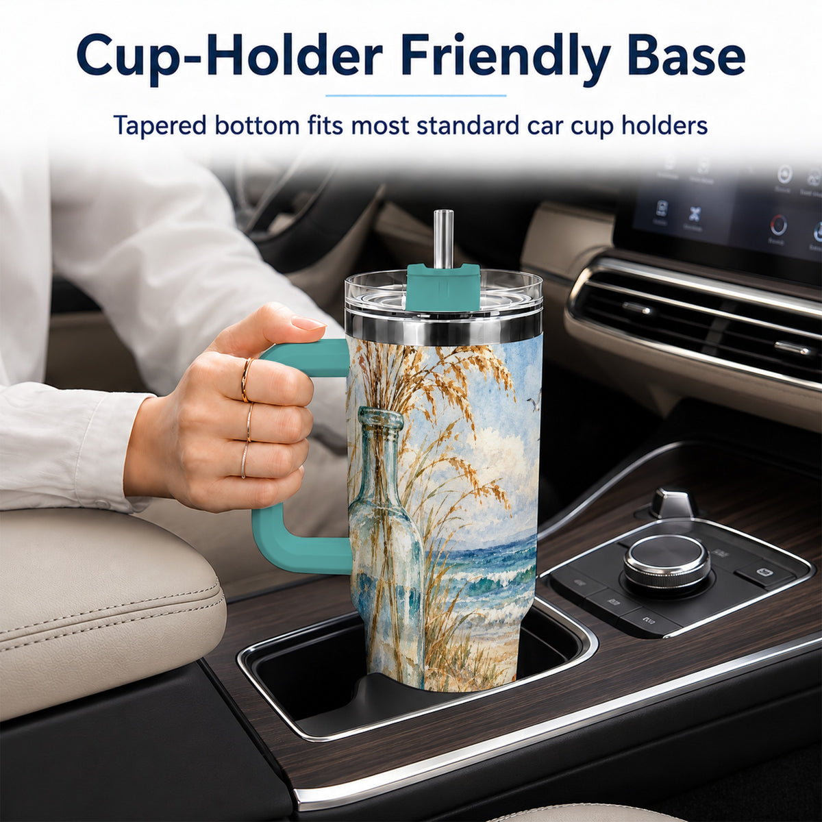 #pl[40oz|Green] Watercolor Seashell 40oz Tumbler with Handle, Coastal Stainless Steel Cup