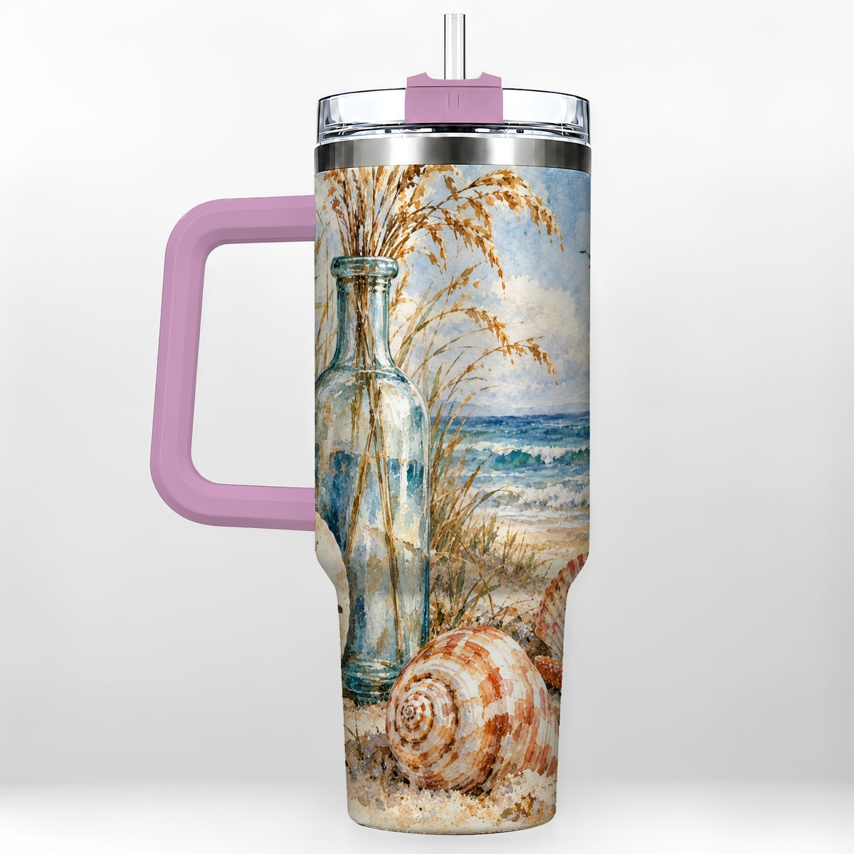 #pl[40oz|Pink] Watercolor Seashell 40oz Tumbler with Handle, Coastal Stainless Steel Cup