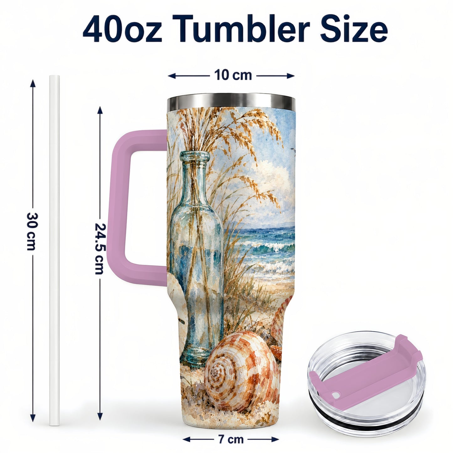 #pl[40oz|Pink] Watercolor Seashell 40oz Tumbler with Handle, Coastal Stainless Steel Cup