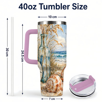#pl[40oz|Pink] Watercolor Seashell 40oz Tumbler with Handle, Coastal Stainless Steel Cup