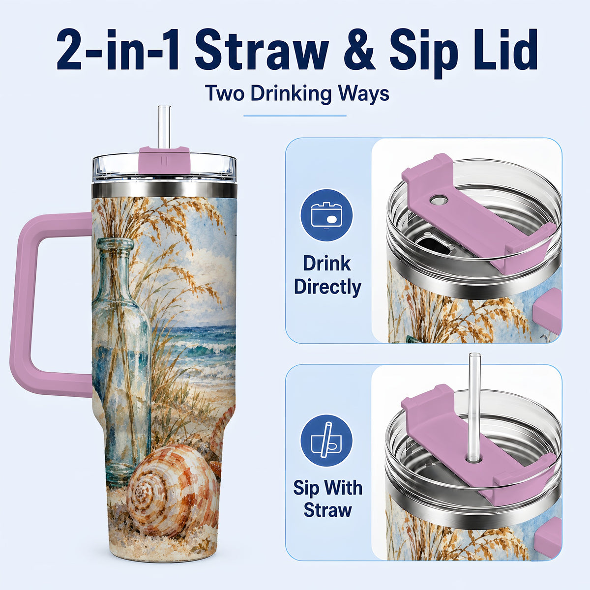 #pl[40oz|Pink] Watercolor Seashell 40oz Tumbler with Handle, Coastal Stainless Steel Cup