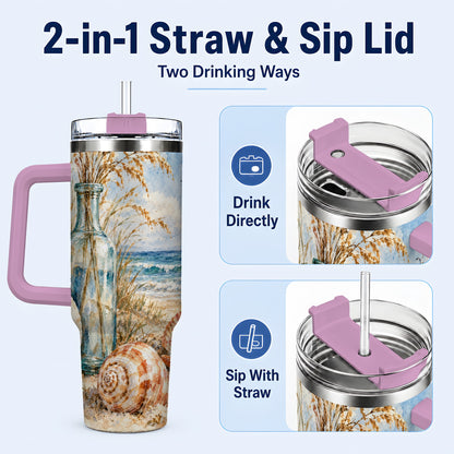 #pl[40oz|Pink] Watercolor Seashell 40oz Tumbler with Handle, Coastal Stainless Steel Cup