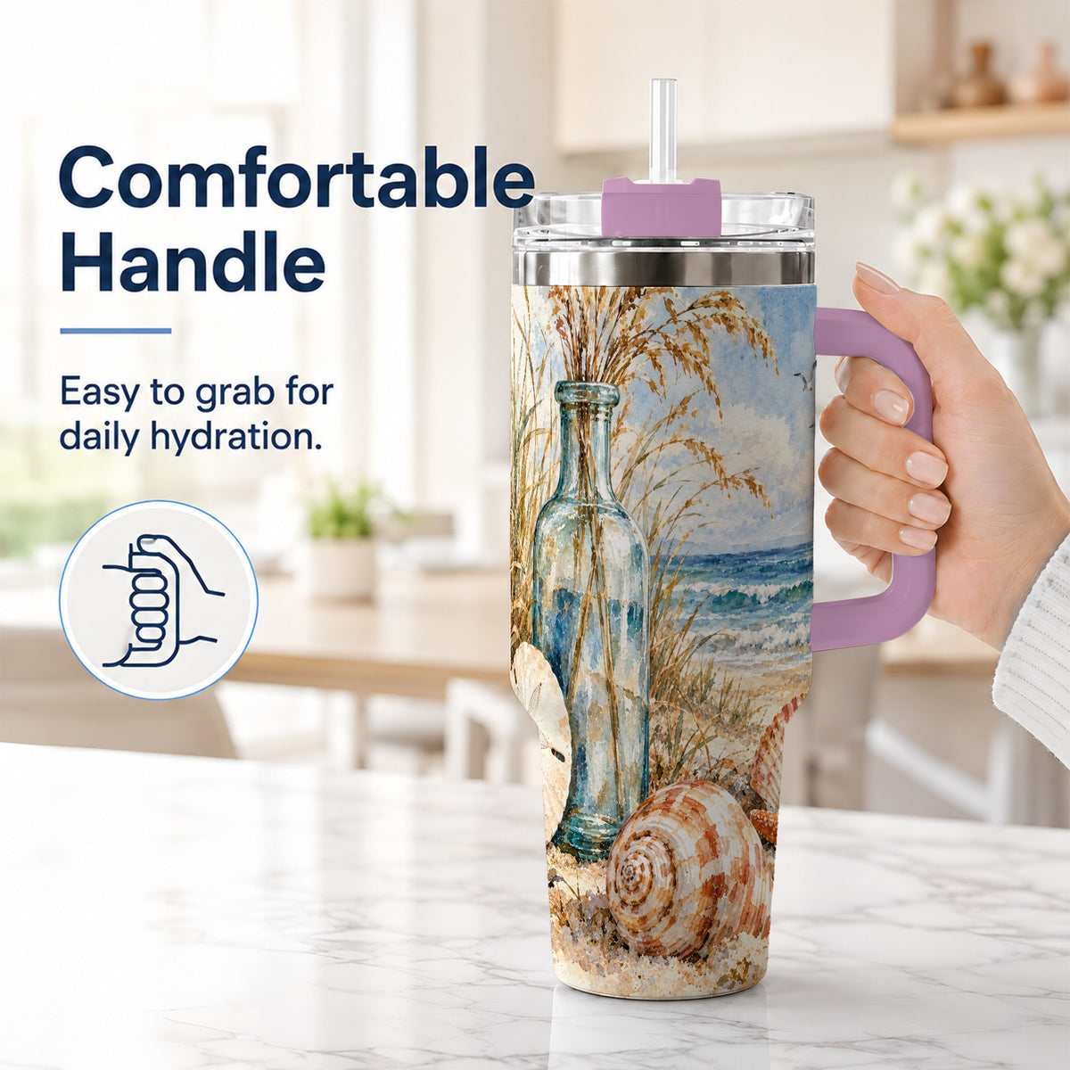#pl[40oz|Pink] Watercolor Seashell 40oz Tumbler with Handle, Coastal Stainless Steel Cup