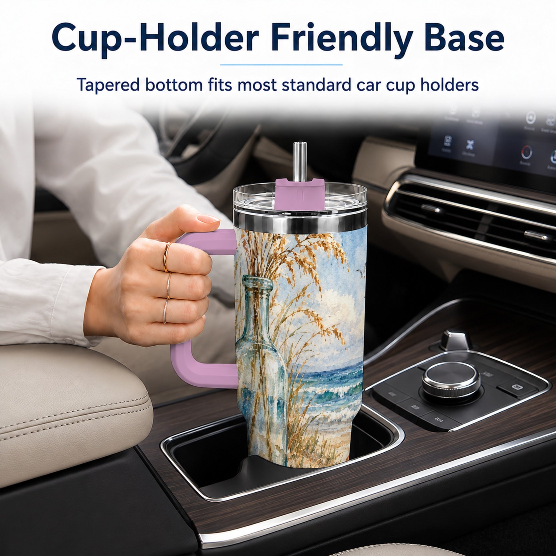 #pl[40oz|Pink] Watercolor Seashell 40oz Tumbler with Handle, Coastal Stainless Steel Cup