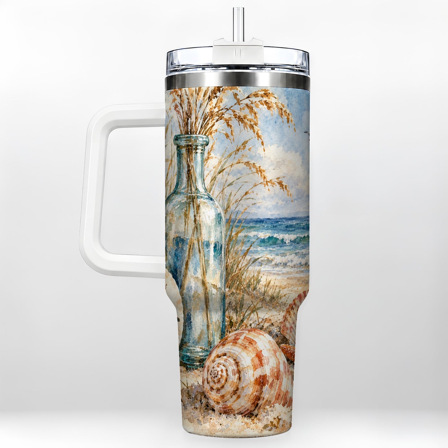 Watercolor Seashell 40oz Tumbler with Handle, Coastal Stainless Steel Cup