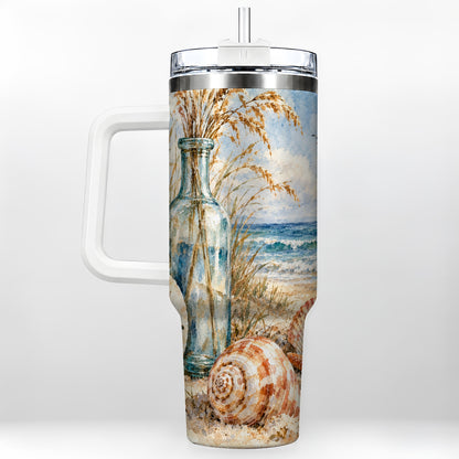 Watercolor Seashell 40oz Tumbler with Handle, Coastal Stainless Steel Cup