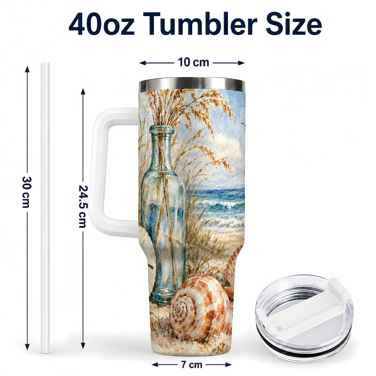 #pl[40oz|White] Watercolor Seashell 40oz Tumbler with Handle, Coastal Stainless Steel Cup