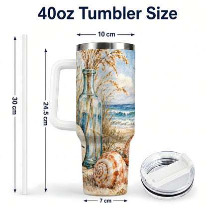 #pl[40oz|White] Watercolor Seashell 40oz Tumbler with Handle, Coastal Stainless Steel Cup