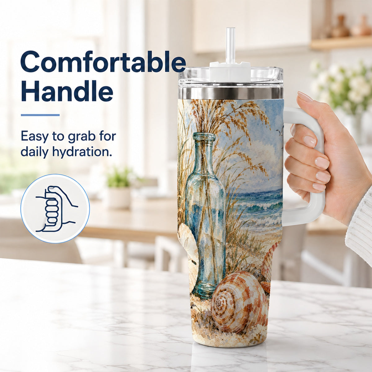 #pl[40oz|White] Watercolor Seashell 40oz Tumbler with Handle, Coastal Stainless Steel Cup