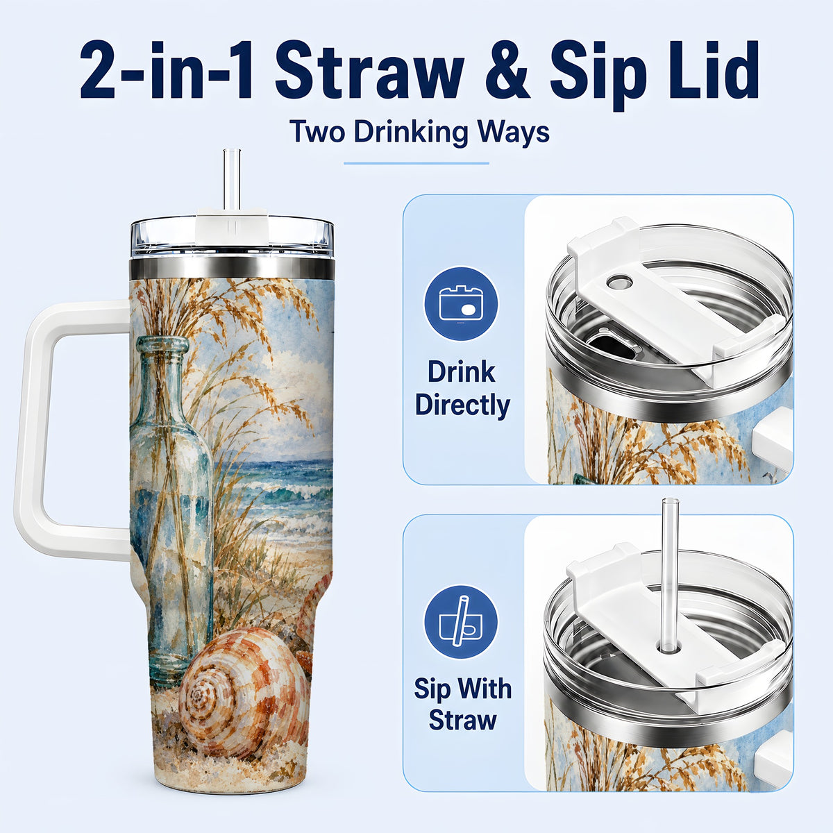 #pl[40oz|White] Watercolor Seashell 40oz Tumbler with Handle, Coastal Stainless Steel Cup