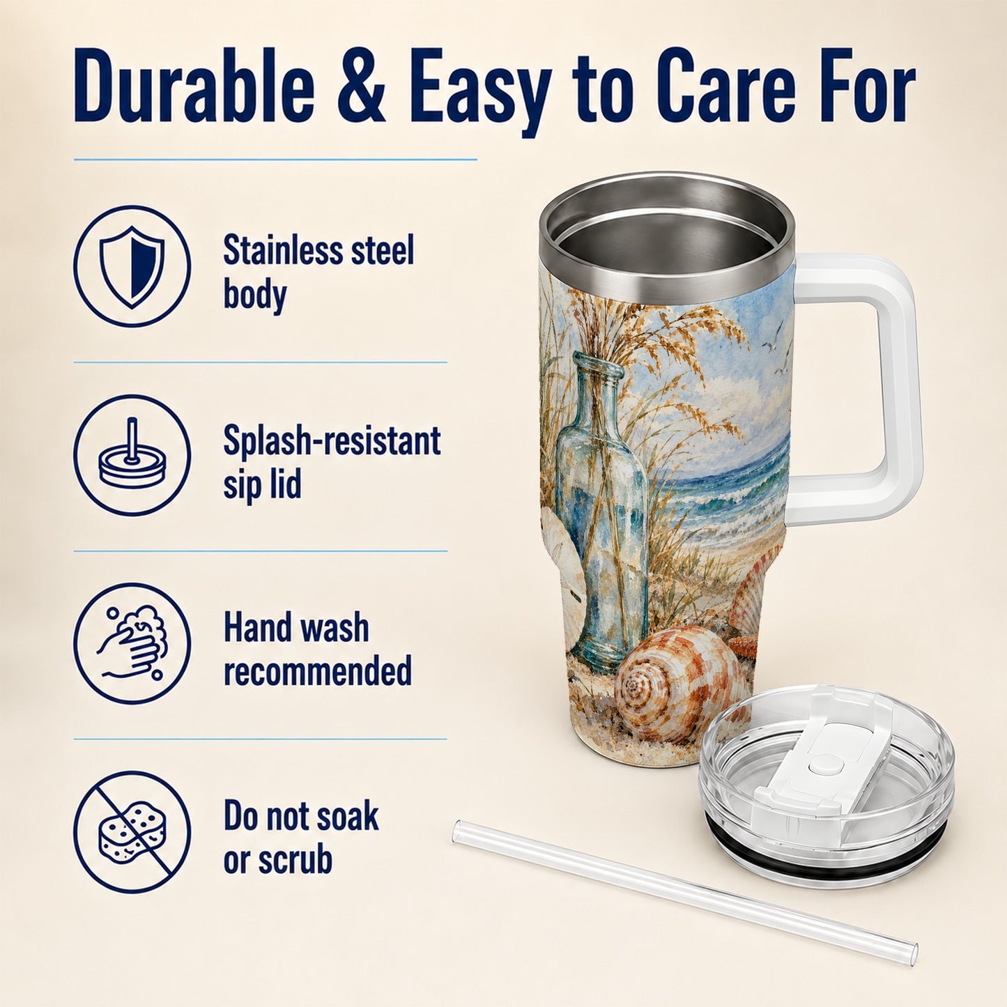 #pl[40oz|White] Watercolor Seashell 40oz Tumbler with Handle, Coastal Stainless Steel Cup