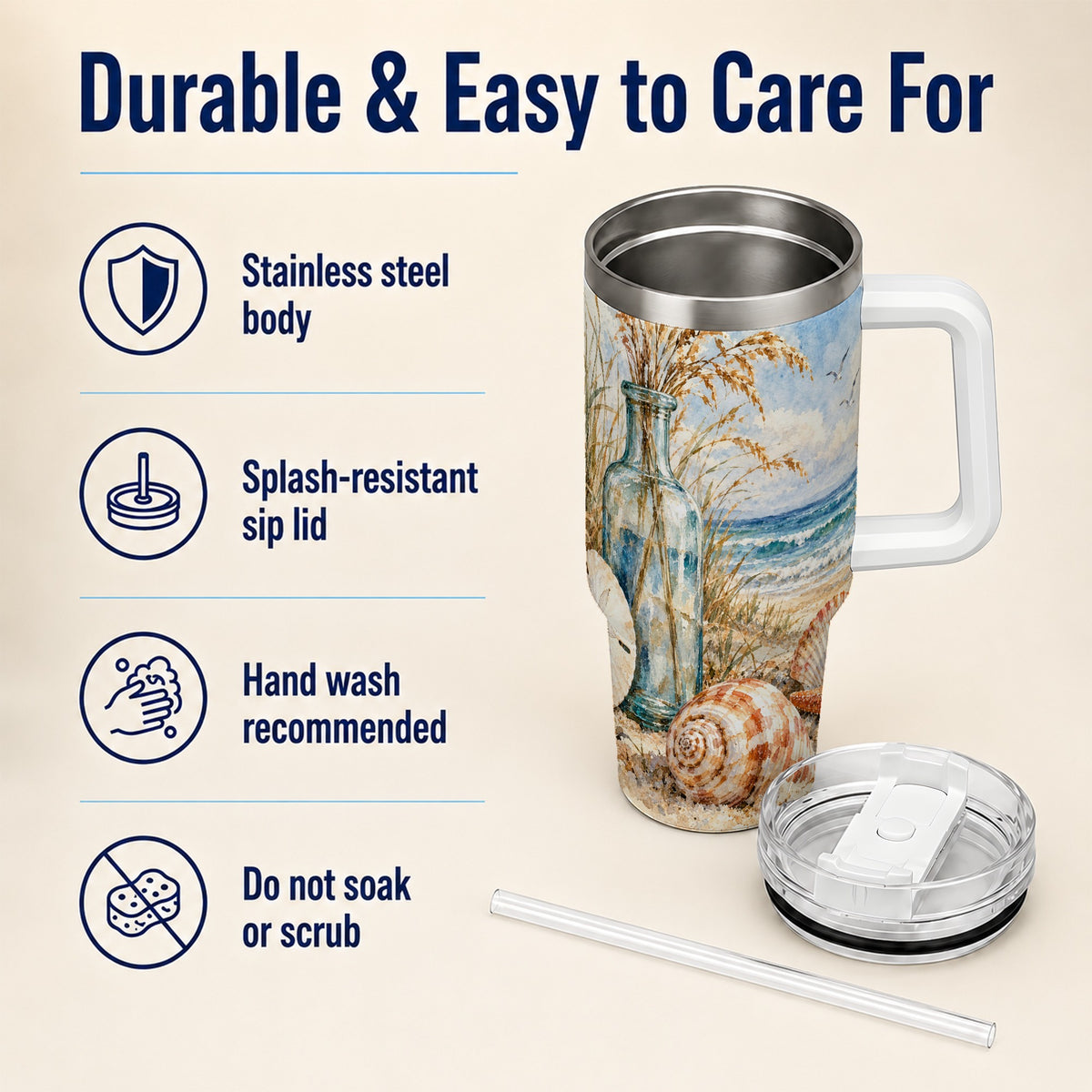 #pl[40oz|White] Watercolor Seashell 40oz Tumbler with Handle, Coastal Stainless Steel Cup