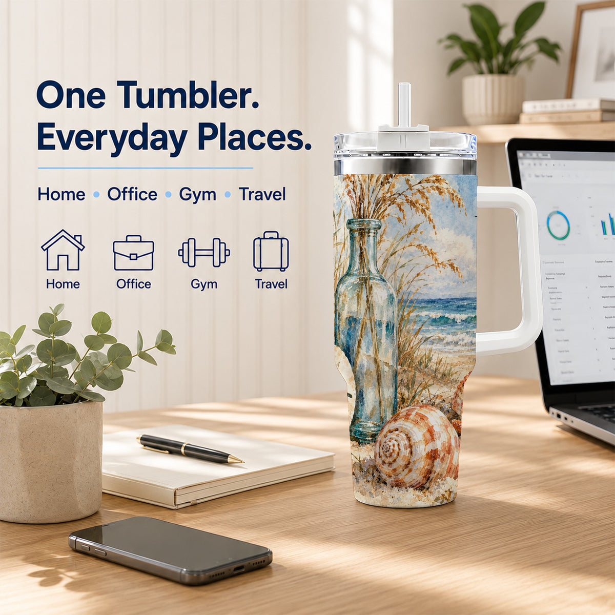 #pl[40oz|White] Watercolor Seashell 40oz Tumbler with Handle, Coastal Stainless Steel Cup