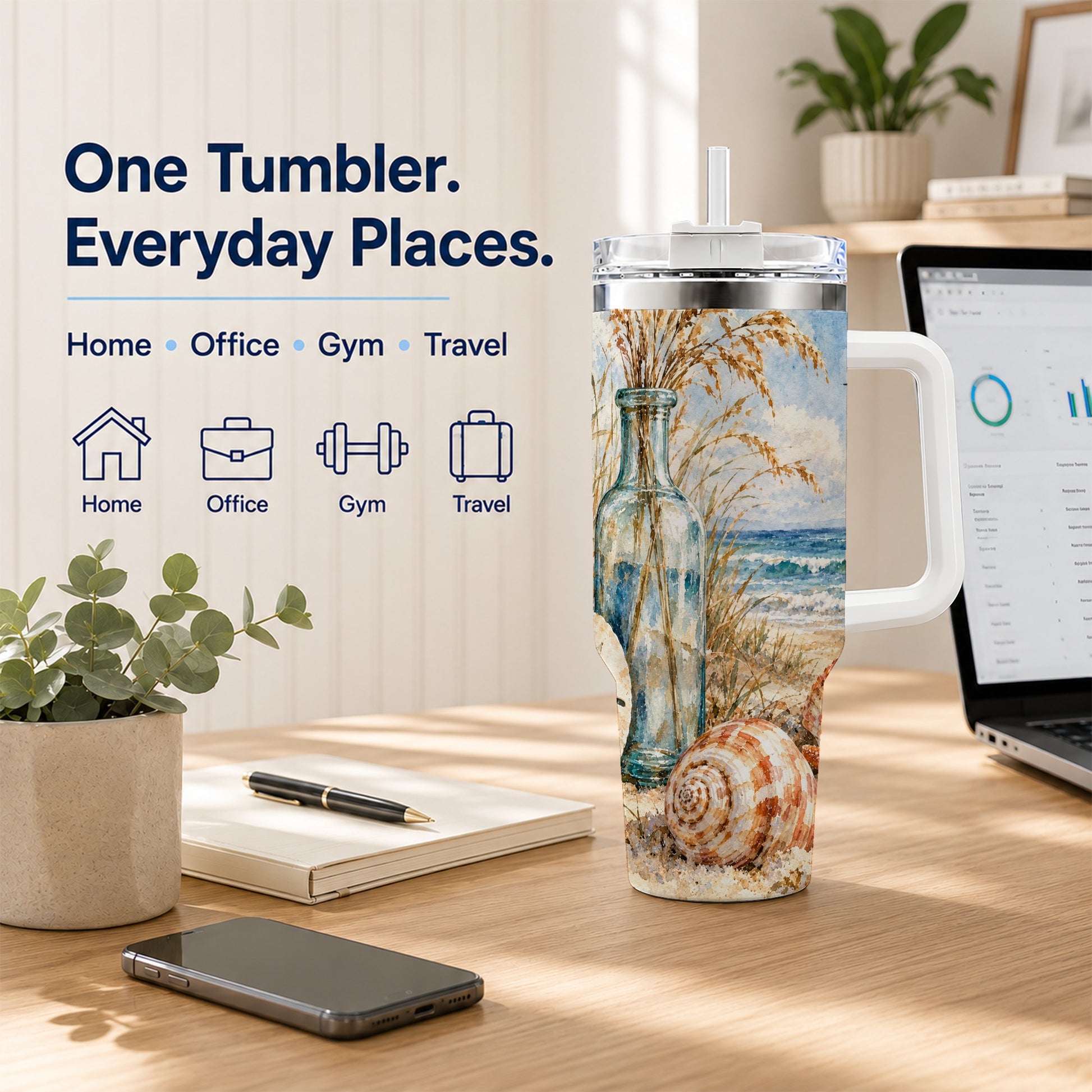 #pl[40oz|White] Watercolor Seashell 40oz Tumbler with Handle, Coastal Stainless Steel Cup