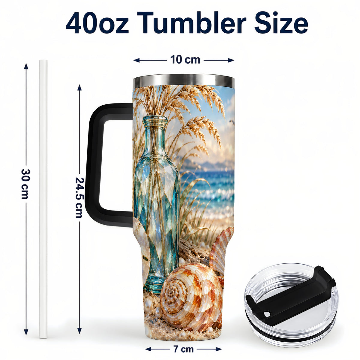 #pl[40oz|Black] Faceted Seashell 40oz Tumbler with Handle, Coastal Stainless Steel Cup