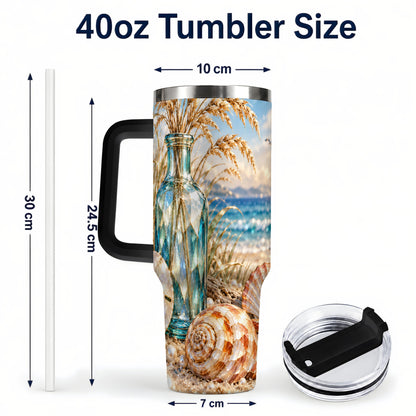 #pl[40oz|Black] Faceted Seashell 40oz Tumbler with Handle, Coastal Stainless Steel Cup