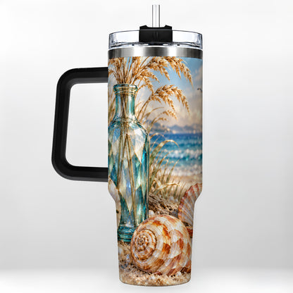 #pl[40oz|Black] Faceted Seashell 40oz Tumbler with Handle, Coastal Stainless Steel Cup