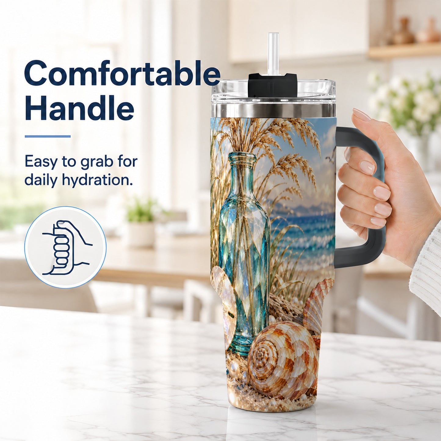 #pl[40oz|Black] Faceted Seashell 40oz Tumbler with Handle, Coastal Stainless Steel Cup