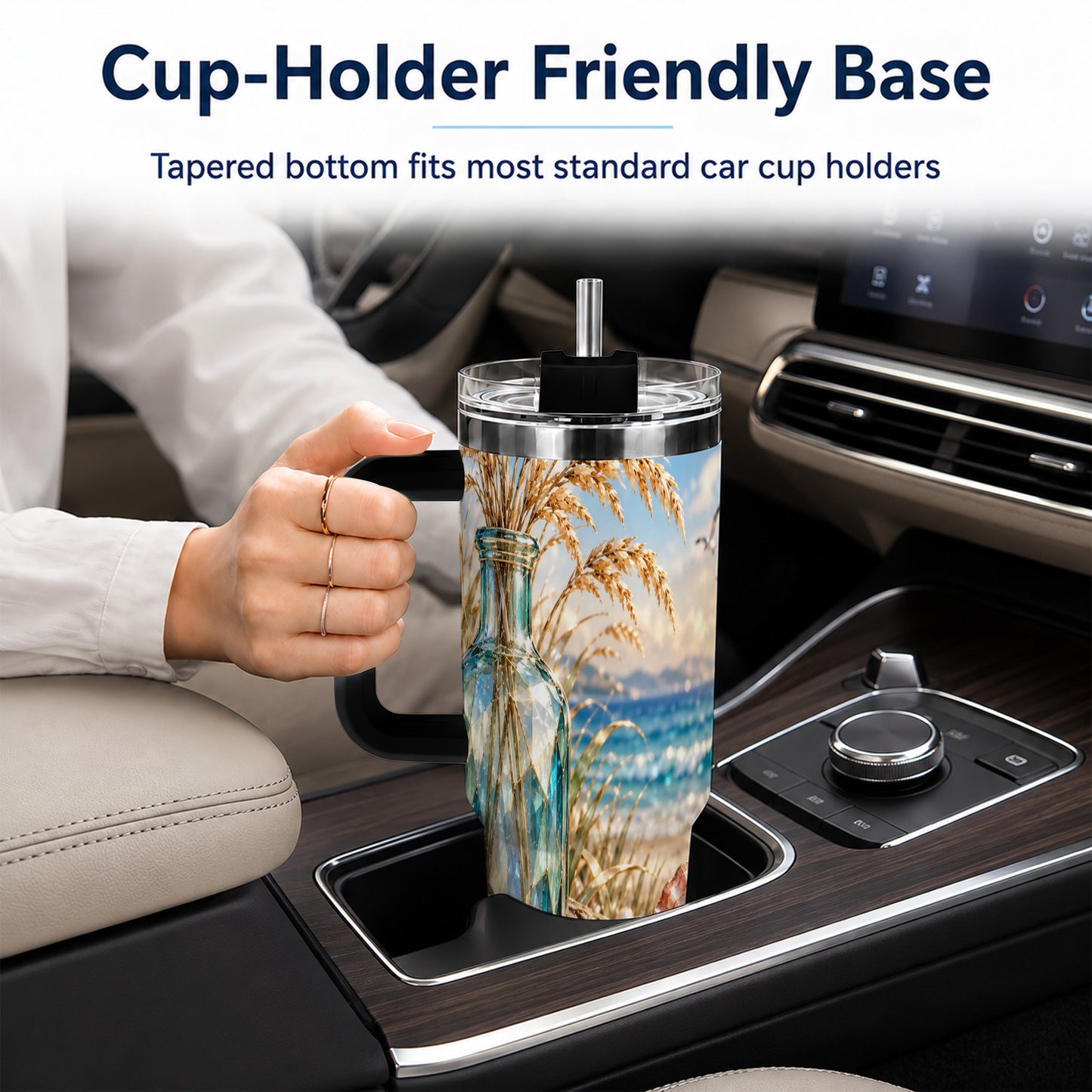 #pl[40oz|Black] Faceted Seashell 40oz Tumbler with Handle, Coastal Stainless Steel Cup