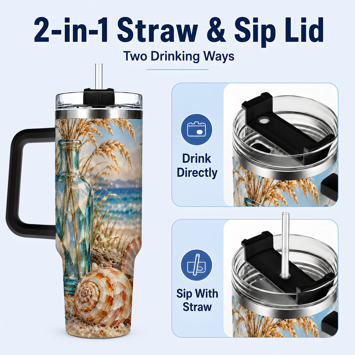 #pl[40oz|Black] Faceted Seashell 40oz Tumbler with Handle, Coastal Stainless Steel Cup