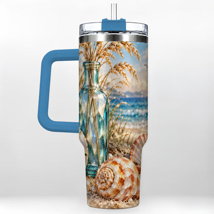 #pl[40oz|Blue] Faceted Seashell 40oz Tumbler with Handle, Coastal Stainless Steel Cup
